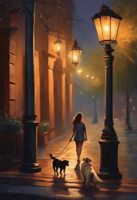 A girl leads a dog standing next to an electric lamppost，hand painted style