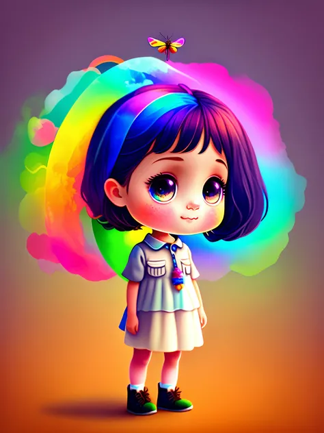 create a childrens cartoon image of a little girl with a bright dragonfly with rainbow-colored wings