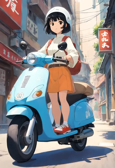 30 years old black haired Japan woman、big white scooter、short cut hair。White helmet