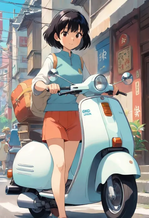 30 years old black haired Japan woman、big white scooter、short cut hair。White helmet