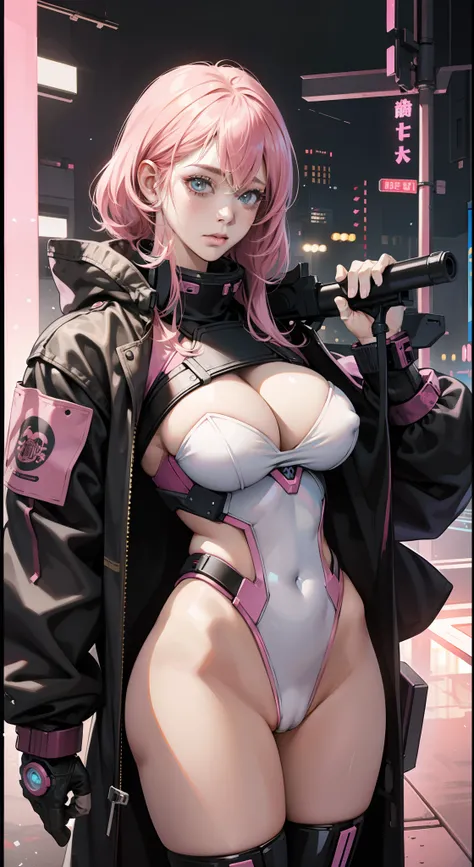 Bob hair,a female cyborg,doujin,hentai,kawaii,stylish,pussy,busty,pink pubic hair,glamour,pink color tone,psychedelic costume,armored,A Cyberpunk dystopian girl,fantasic dystopia,dystopian scape,bladerunner,ghost in the shell,photorealistic,psychedelic col...