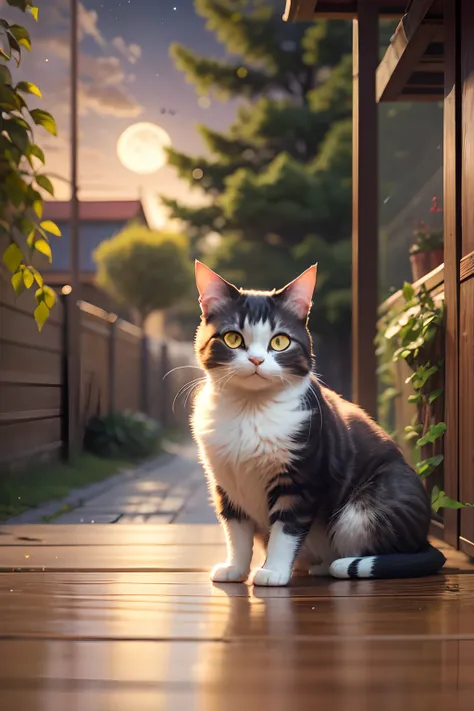 The cat is in the yard, There are mooncakes on the table, Moon.