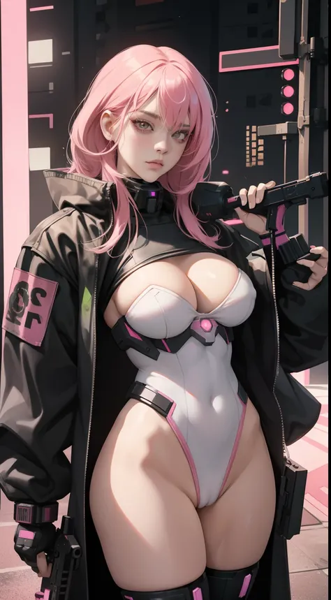 a female cyborg,doujin,hentai,kawaii,stylish,pussy,busty,pink pubic hair,glamour,pink color tone,psychedelic costume,armored,A Cyberpunk dystopian girl,fantasic dystopia,dystopian scape,bladerunner,ghost in the shell,photorealistic,psychedelic colourful to...