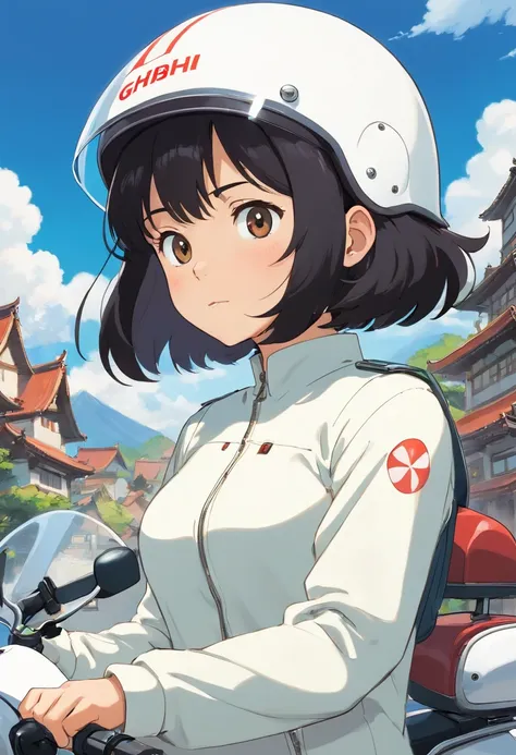 40-year-old black-haired Japan woman、A big white Suzuki Bergmann 400 scooter、short cut hair、Wearing a white helmet