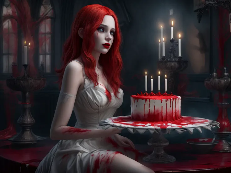 a 3D picture of extremely (beautiful female vampire: 1.4) looking at (red MasterChef style cake: 1.5), an exquisite beautiful vampire, full body, ultra feminine ultra detailed face, red hair, short hair, pale skin, red lips, blue eyes, wearing sexy white s...