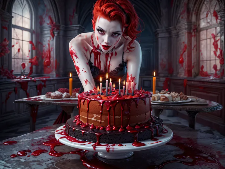 a 3D picture of extremely (beautiful female vampire: 1.4) looking at (red MasterChef style cake: 1.5), an exquisite beautiful vampire, ultra feminine ultra detailed face, red hair, short hair, pale skin, red lips, blue eyes, wearing sexy white seductive la...