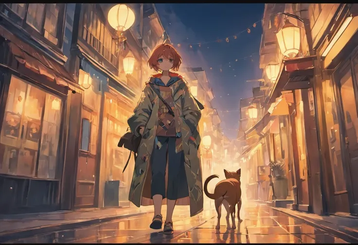 A Man carrying a Guitar on his Shoulder leads a dog standing next to an electric lamppost，hand painted style