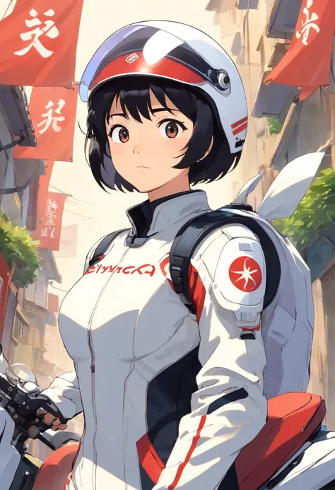 Middle aged black haired Japan woman、Kymco Racing in Shiroku、short cut hair、Wearing a white helmet