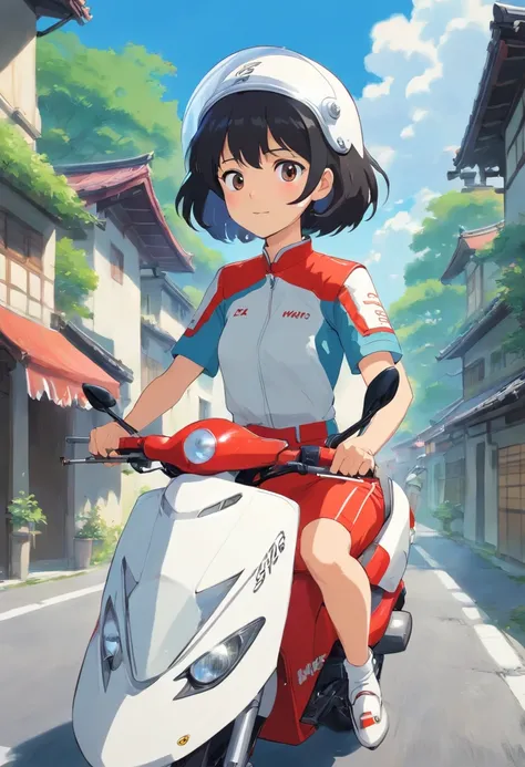 Middle aged black haired Japan woman、Kymco Racing in Shiroku、short cut hair、Wearing a white helmet