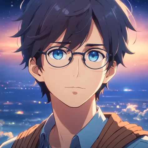 Film quality, One Man in Heaven, close-up, murky, softlighting, starrysky, Handsome man with round glasses, look at viewr, blue eyes, A dark-haired, Blackbeard