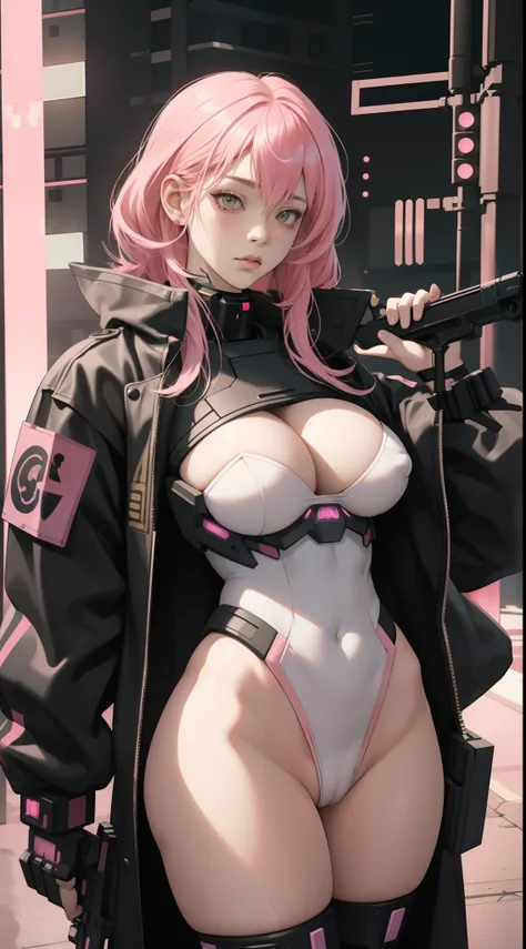 a female cyborg,doujin,hentai,kawaii,stylish,pussy,busty,pink pubic hair,glamour,pink color tone,psychedelic costume,armored,A Cyberpunk dystopian girl,fantasic dystopia,dystopian scape,bladerunner,ghost in the shell,photorealistic,psychedelic colourful to...