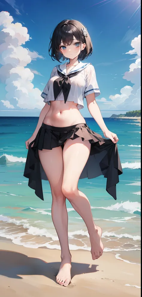 masterpiece（（tmasterpiece））, a woman，（white color short shirt），（black short skirt）），（ultra detailed sea），perfect anatomy，is shy，（perfect belly）beautiful eyes，thick legs, thick thighs ，（seaside）, standing，（facing the sea），Navel open，No shoes, viewers view