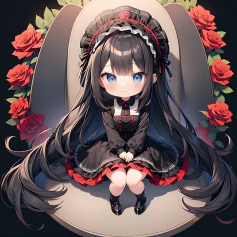 masutepiece, Best Quality, Extremely detailed, Anime, girl with, sit a chair, Happy, Blue eyes, BREAK, (((black longhair))),(((Wearing a black gothic lolita dress costume and headdress))), Full body, Ahoge, ((Deformed)), ((Chibi Character)), my child, ((Re...