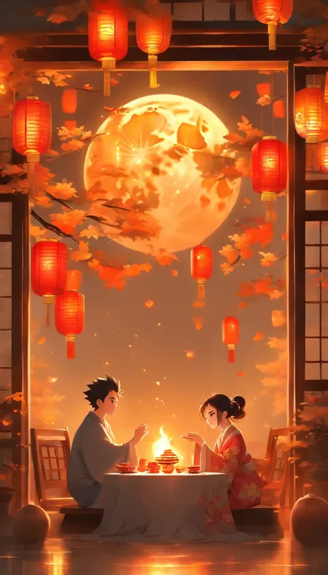 The family sits together, Enjoy a festive dinner, Surrounded by a warm and comfortable atmosphere. The room was beautifully decorated，Equipped with lanterns, Symbolizes the joy of the Mid-Autumn Festival. The table is filled with a variety of delicacies, I...