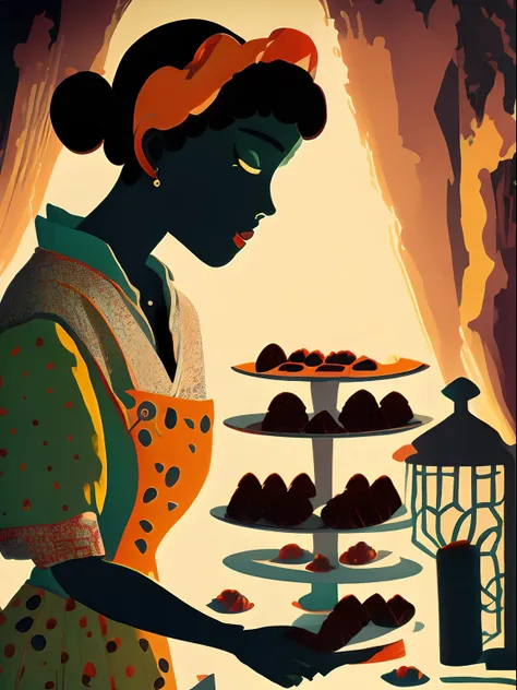 Lotte Reinige Style, a woman baking cookies, colorful