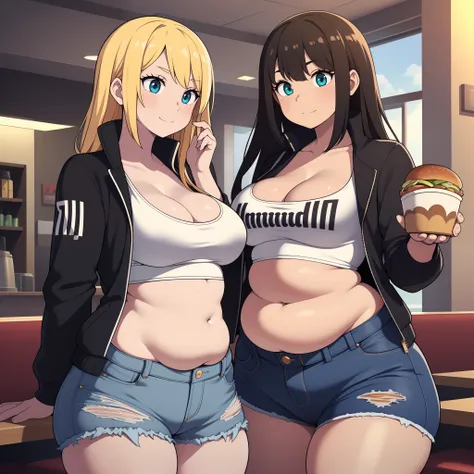 ((highres)), Masterpiece, high quality, best quality, beautiful, perfect lighting, detailed face, ultra cute face, ((2girls)), one girl has blonde hair, blue eyes, crop top and shorts skindentation, one girl has brown hair, green eyes, jeans, white shirt, ...