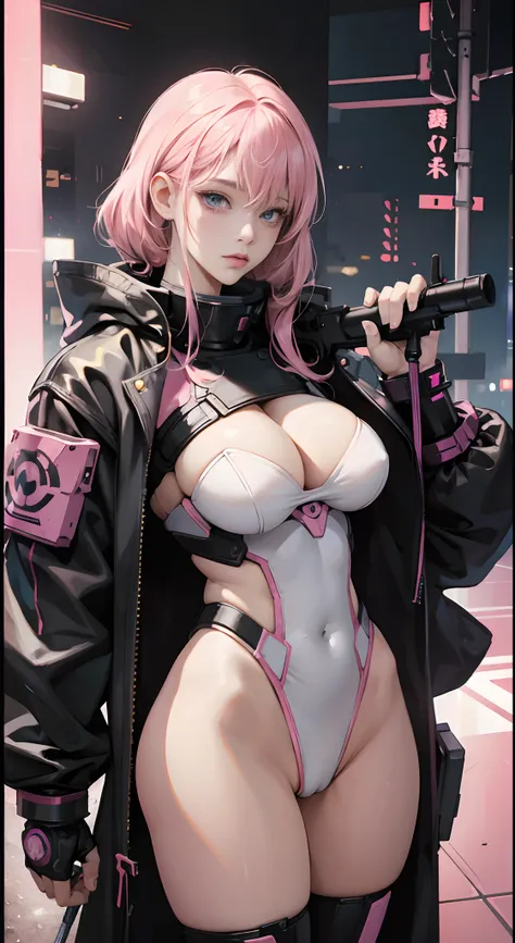 a female cyborg,doujin,hentai,kawaii,stylish,pussy,busty,pink pubic hair,glamour,pink color tone,psychedelic costume,armored,A Cyberpunk dystopian girl,fantasic dystopia,dystopian scape,bladerunner,ghost in the shell,photorealistic,psychedelic colourful to...