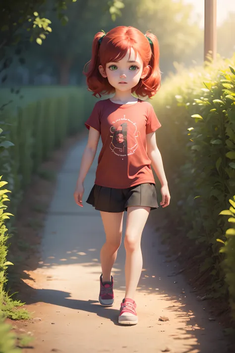 3d graphics, young girl, 6 years old, redhair, green eyes, pixar style, full body