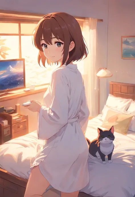 Anime girl in white pajamas getting out of bed with cat, loli in dress, small curvy loli, artwork in the style of guweiz, guweiz on pixiv artstation, guweiz on artstation pixiv, guweiz, small loli girl, soft anime illustration, Anime visuals of cute girls,...