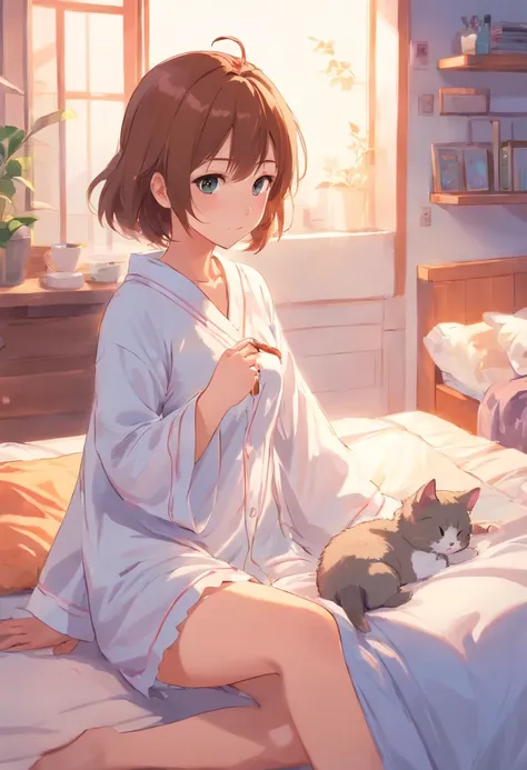 Anime girl in white pajamas getting out of bed with cat, loli in dress, small curvy loli, artwork in the style of guweiz, guweiz on pixiv artstation, guweiz on artstation pixiv, guweiz, small loli girl, soft anime illustration, Anime visuals of cute girls,...