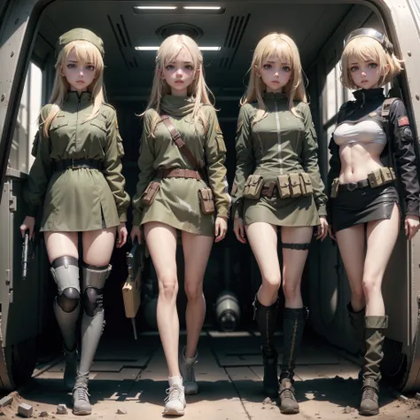 4 Ukrainian girls riding in a tank , Looking at each other,Ukrainian anime girls , , Ukraine ,  Full body composition of young girl with messy bright blonde hair, eye make up, 13 year old,  Soft lighting, Solo, Old torn dirty shabby futuristic military uni...