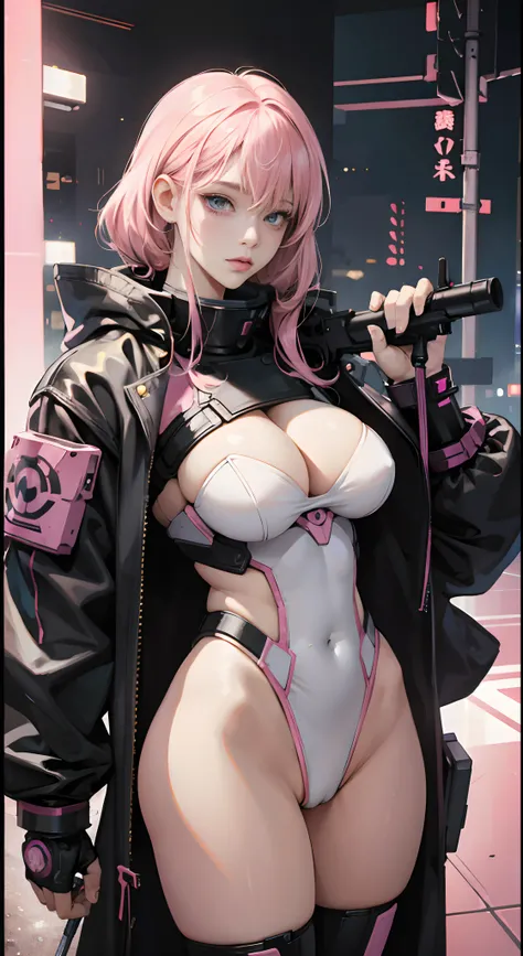 a female cyborg,doujin,hentai,kawaii,stylish,pussy,busty,pink pubic hair,glamour,pink color tone,psychedelic costume,armored,A Cyberpunk dystopian girl,fantasic dystopia,dystopian scape,bladerunner,ghost in the shell,photorealistic,psychedelic colourful to...