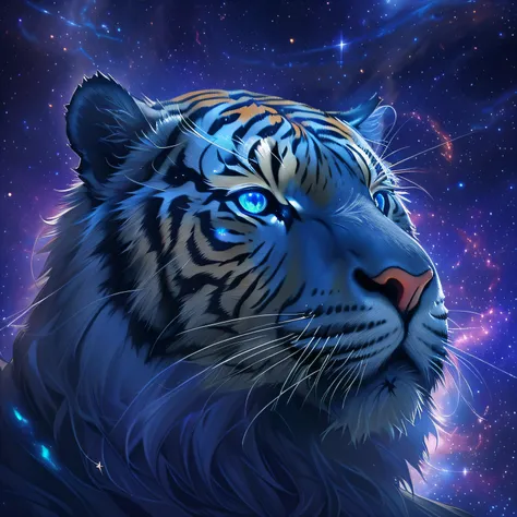 Close up of tiger on purple and blue background，portrait of a cosmic entity，Strange portrait of lightning，In the starlight plane） ） ），Astral appearance，galactic dmt entity，Themes around Nebula Halos，Glowing black halo，cosmic entity，Galactic entity，galactic...