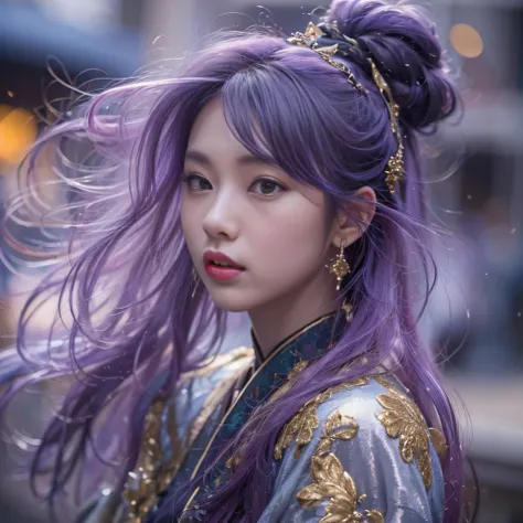 Genki Girl 32K（tmasterpiece，k hd，hyper HD，32K）Long flowing bright purple hair，Autumn Pond，zydink， a color， Asian people （Genki girl）， （Silk scarf）， Combat posture， looking at the ground， long whitr hair， Floating bright purple， Fire cloud pattern gold tiar...