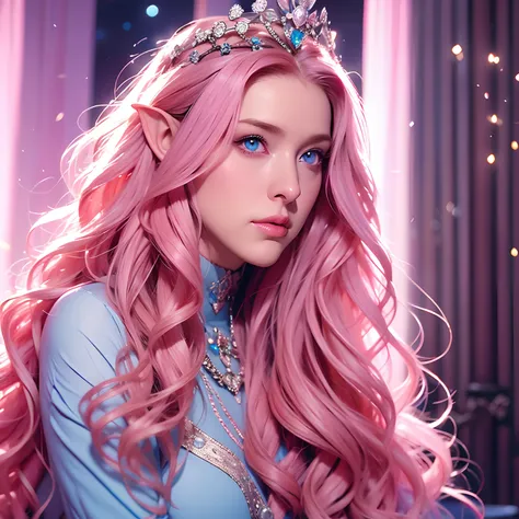 a woman, long curly hair, pink hair, blue eyes, elf, sitting on the throne, Queen, crown, glowing eyes