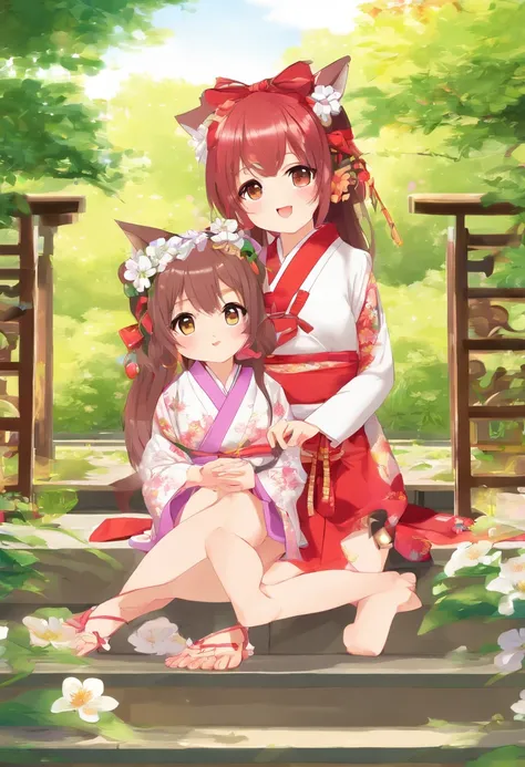 ((masutepiece,Best Quality)),Outdoors, Red torii gate, tree,  stairs,, 2girls, shrine maiden,shrine maiden, Looking at Viewer, Looking back,, red legwear, Red Ribbon, Black hair,cherryblossom, day, flower, Hair bun, Hair Ribbon, komono, Kimono, Long hair, ...