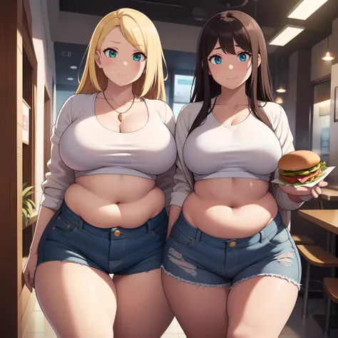 ((highres)), Masterpiece, high quality, best quality, beautiful, perfect lighting, detailed face, ultra cute face, ((2girls)), one girl has blonde hair, blue eyes, crop top and shorts skindentation, one girl has brown hair, green eyes, jeans, white shirt, ...