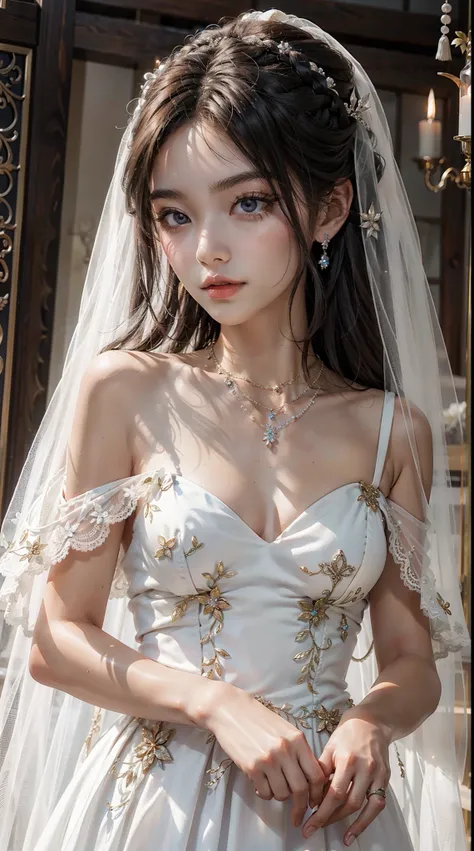 1girl, beauty hair, glowing skin, necklaces, wedding dress