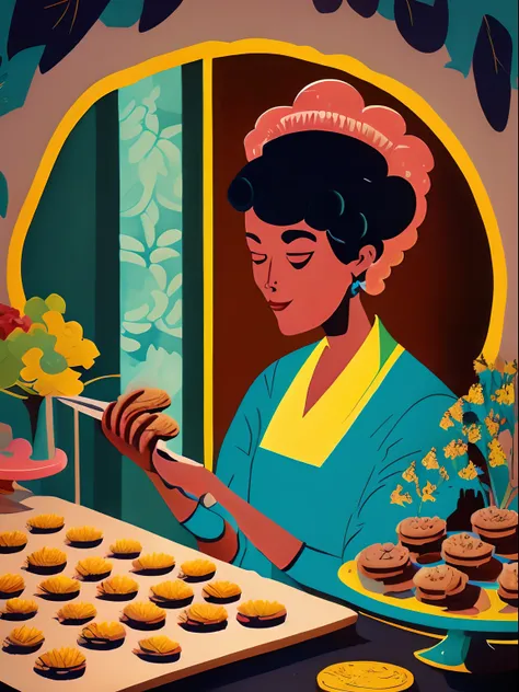 Lotte Reinige Style, a woman baking cookies, colorful