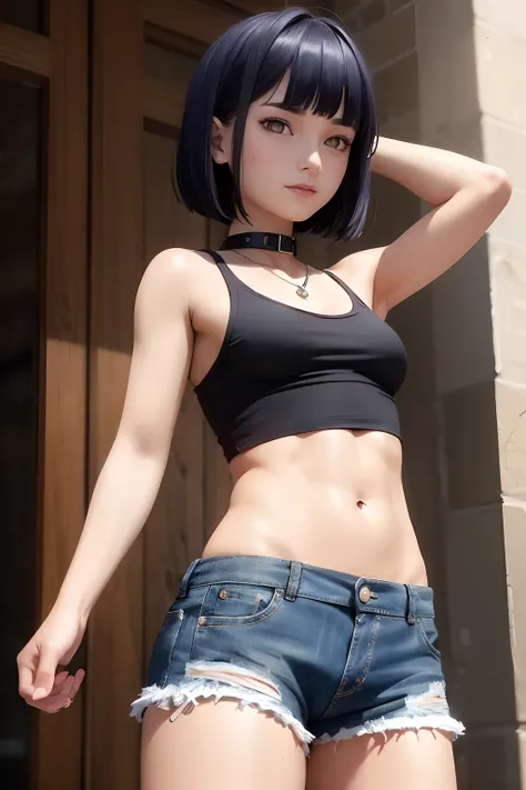 ((tomboy girls, small head)), daylight, sunlight, (chiseled abs : 1.1), (perfect body : 1.1), (short wavy hair : 1.2) , auburn hair, collar, chain, full body shot, crowded street, wearing black tanktop, jeans jacket, ((shorts)), (extremely detailed CG 8k w...