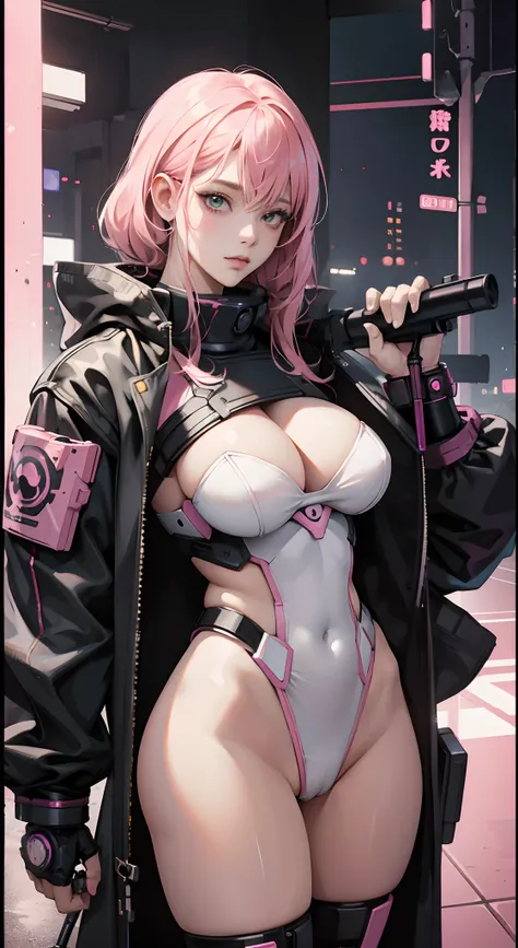 Natural hair style,a female cyborg,doujin,hentai,kawaii,stylish,pussy,busty,pink pubic hair,glamour,pink color tone,psychedelic costume,armored,A Cyberpunk dystopian girl,fantasic dystopia,dystopian scape,bladerunner,ghost in the shell,photorealistic,psych...