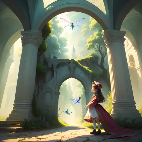 create an enchanting illustration of a little girl accompanied by an enchanting dragonfly in a very detailed magical setting