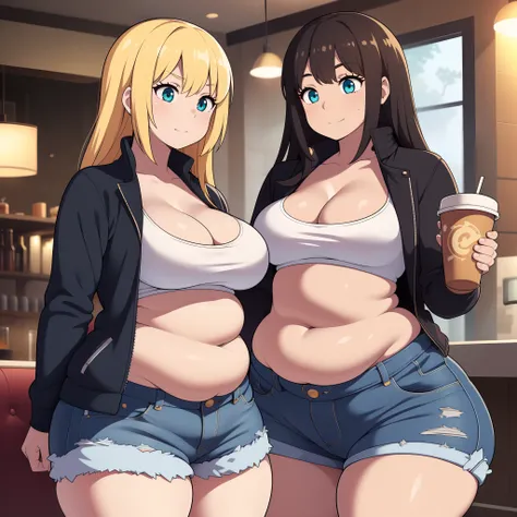 ((highres)), Masterpiece, high quality, best quality, beautiful, perfect lighting, detailed face, ultra cute face, ((2girls)), one girl has blonde hair, blue eyes, crop top and shorts skindentation, one girl has brown hair, green eyes, jeans, white shirt, ...