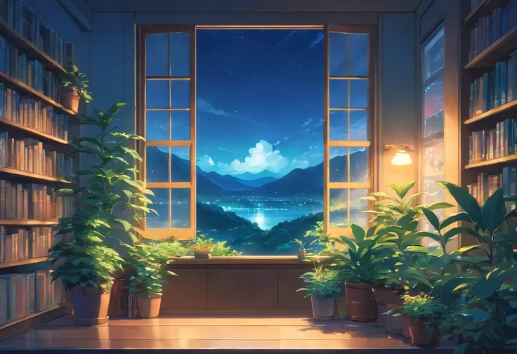 An up-close photo of a large window full of plants and books overlooks a breathtaking landscape and beautiful nature, night time