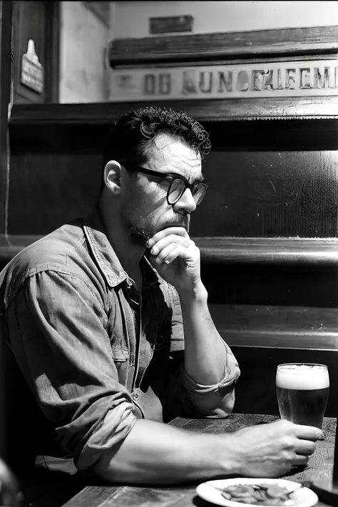 guttonerdvision10, Capture a vintage-style photograph of a man wearing glasses, Olhando ((Triste e descontentamento)), with tears in eyes, sitting alone at an English pub counter, segurando uma cerveja. Pay attention to (((detalhes intrincados))) to convey...