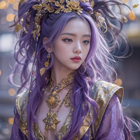 Genki Girl 32K（tmasterpiece，k hd，hyper HD，32K）Long flowing bright purple hair，Autumn Pond，zydink， a color， Asian people （Genki girl）， （Silk scarf）， Combat posture， looking at the ground， long whitr hair， Floating bright purple， Fire cloud pattern gold tiar...