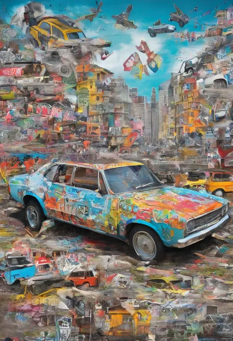 There are car sculptures in the park that commemorate abandoned cars、Graffiti wall about cars and civic children playing