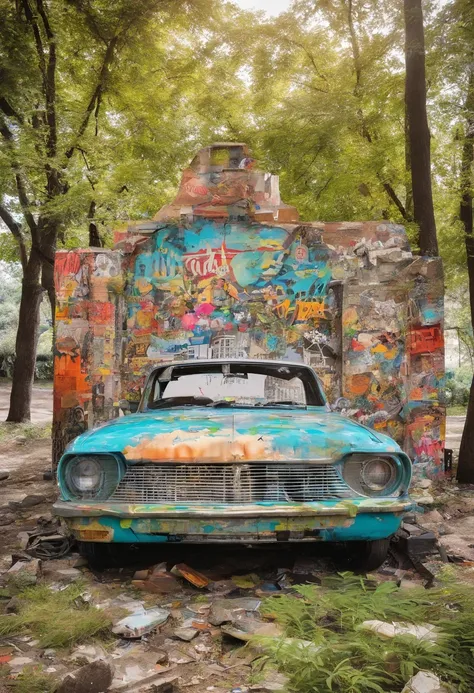 There are car sculptures in the park that commemorate abandoned cars、Graffiti wall about cars and civic children playing