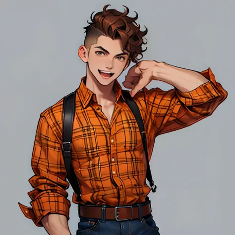 One Man, Male Focus, Brown hair, Shirt, Orange checked shirt, Short hair, Raised eyebrows, Big eyes, drooping eyes, Undercut, Short brown perm, Curly hair, Trimmed hair, Belt bag, jeans, Smile, Open mouth, Pose , short man, Simple background