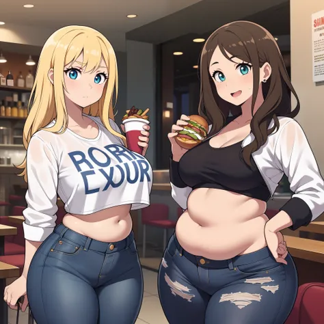 ((highres)), Masterpiece, high quality, best quality, beautiful, perfect lighting, detailed face, ultra cute face, ((2girls)), one girl has blonde hair, blue eyes, crop top and shorts skindentation, one girl has brown hair, green eyes, jeans, white shirt, ...