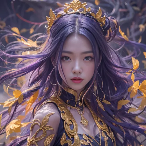 Genki Girl 32K（tmasterpiece，k hd，hyper HD，32K）Long flowing bright purple hair，Autumn Pond，zydink， a color， Asian people （Genki girl）， （Silk scarf）， Combat posture， looking at the ground， long whitr hair， Floating bright purple， Fire cloud pattern gold tiar...