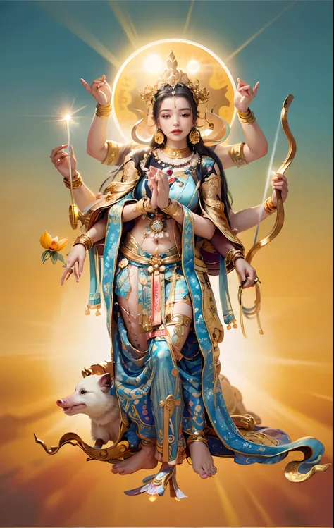 Beautiful woman sitting in a golden car, (((Golden lotus throne)))，The woman wears a light blue dress，Light blue pants，(((Head background with round light)))，(((Behind it is the sun)))，(((Women emit bright and dazzling blue light)))，Women have three heads，...