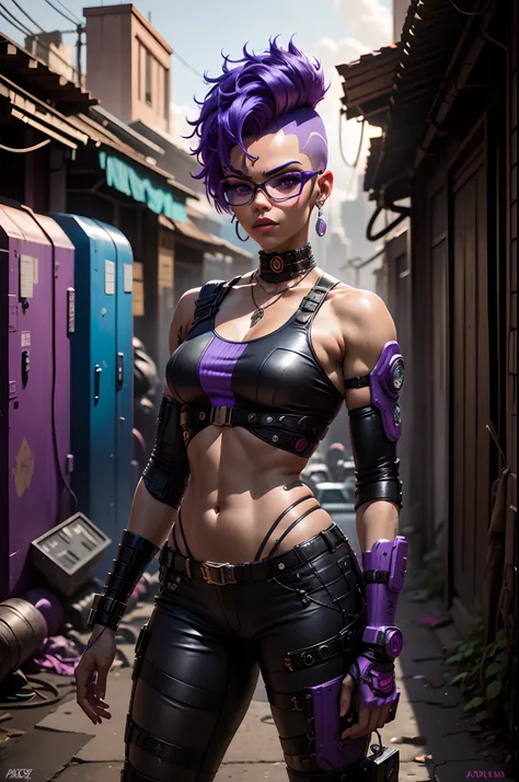 there is a woman with purple hair and glasses standing in an alley with holding with both hands an ak-47 machine gun, judy alvar...