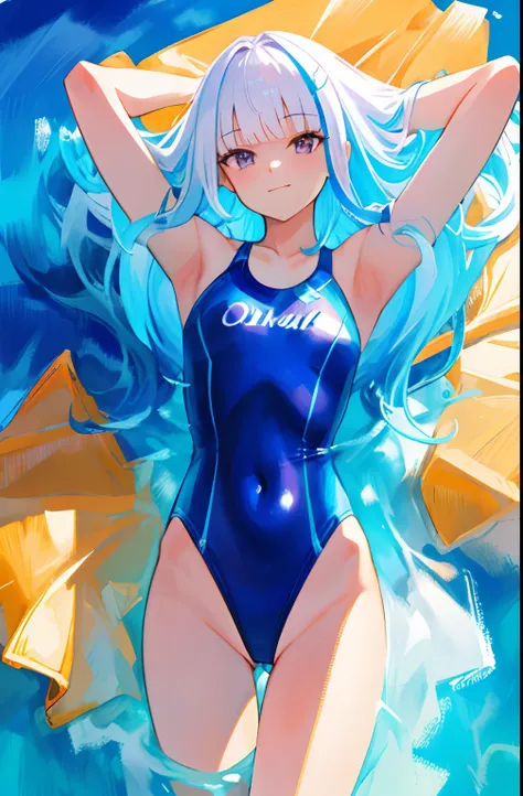 (masterpiece, best quality:1.2), cowboy shot, solo, 1girl, smile, closed mouth, look at the viewer, hands behind the head, laying on back, from above, legs spread, blue swimsuit