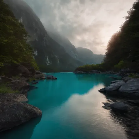 Magnificent view，Forest mountain landscape photography，Nature，It just rained，Bushes in the moonlight，Turquoise blue water，Boulders of various shapes，Alpine cliffs，1 white Phalaenopsis orchid，Minimalist cyan black and white gray tones，foggy sky，Nightmare vi...