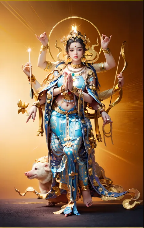 Beautiful woman sitting in a golden car, (((Golden lotus throne)))，The woman wears a light blue dress，Light blue pants，(((Head background with round light)))，(((Behind it is the sun)))，(((Women emit bright and dazzling blue light)))，Women have three heads，...